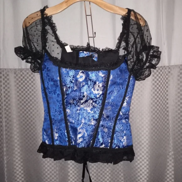 blue and black corset with zip up back closure lace puff sleeve with dot details - Picture 1 of 7
